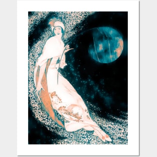 Woman and the Teal Moon Posters and Art
